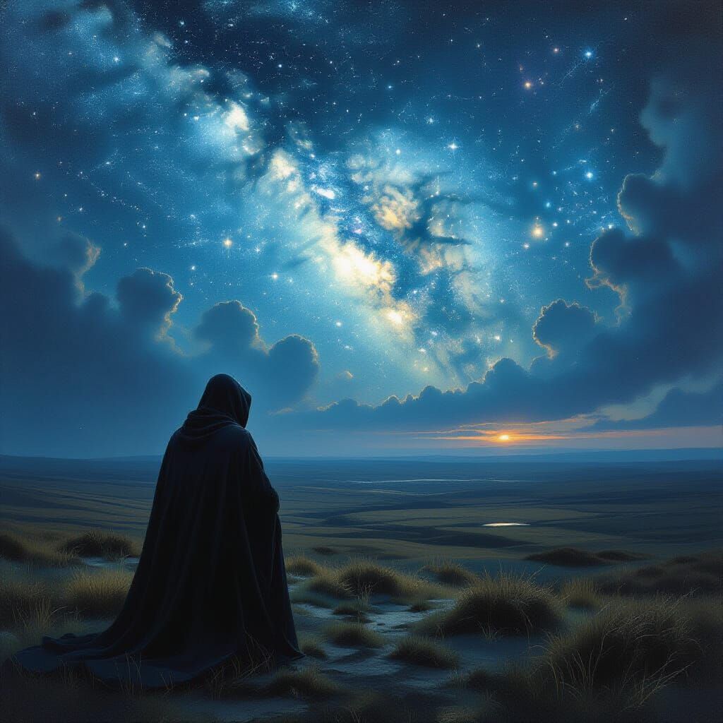 Solitary Figure Gazes at Alien Constellations on Windswept M...
