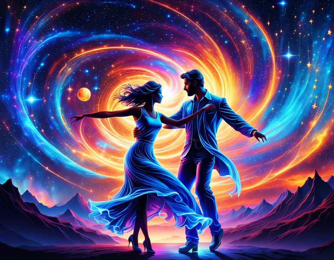 Couple Waltzing in Cosmos with Electric Blue Stars