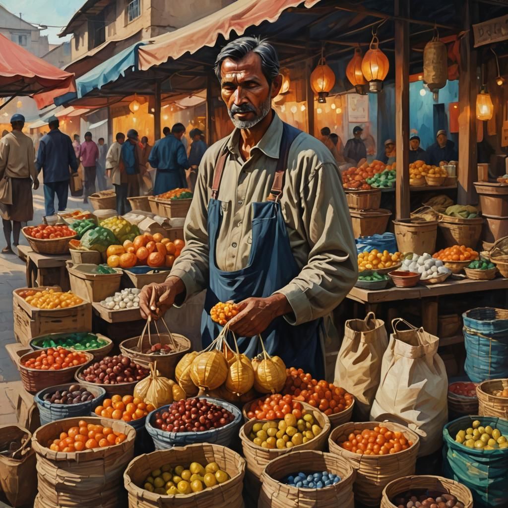 Father Earns Money in Vibrant Oil Painting