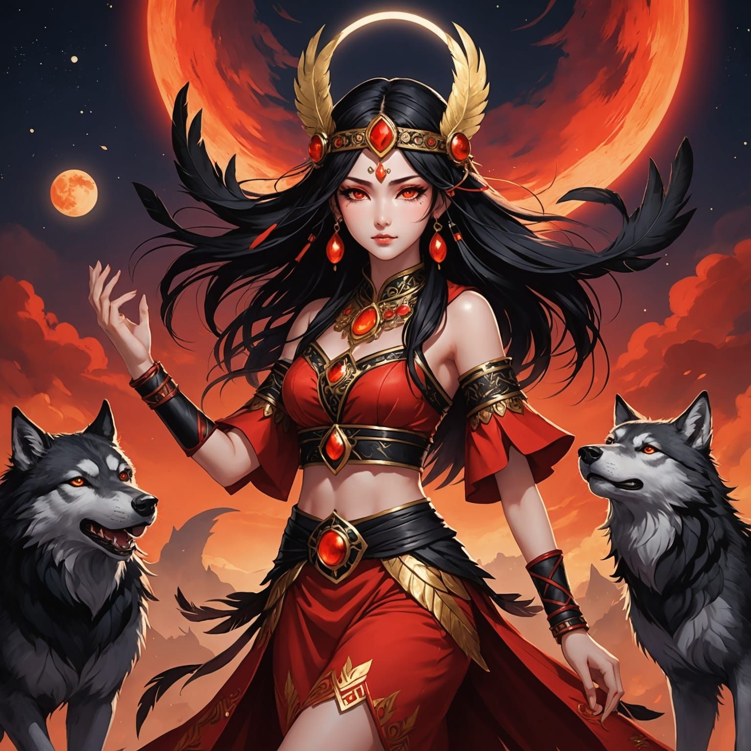Shaman Woman Dancing with Wolves in Anime Style
