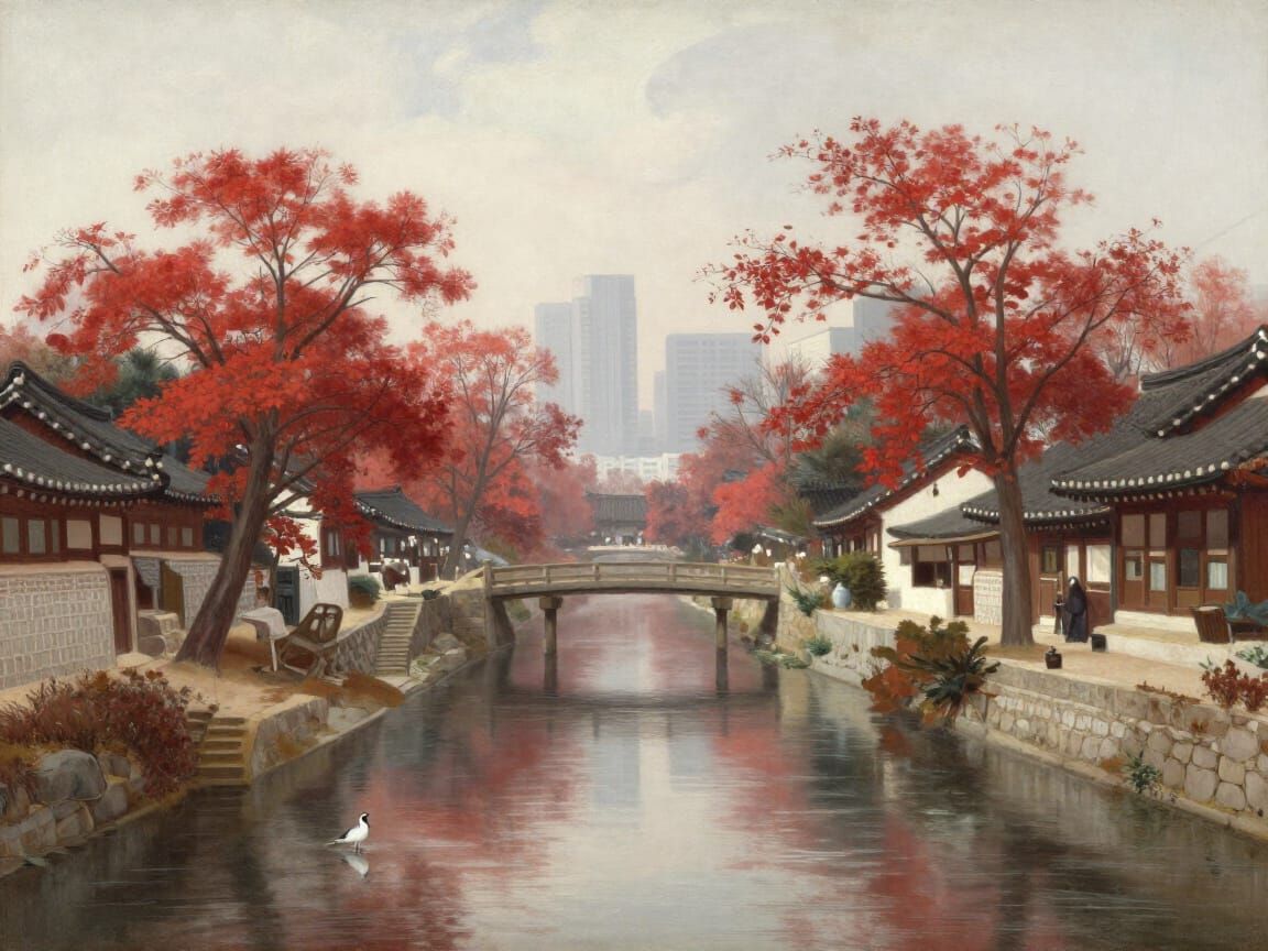 Peaceful Korean Canal Scene with Autumn Trees and Modern Sky...