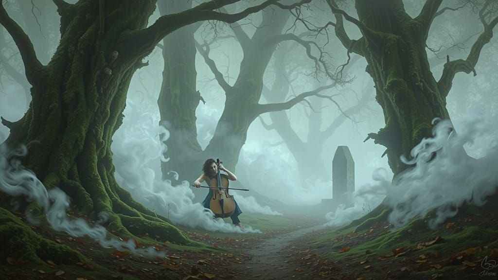 Cellist in Misty Ancient Forest Path