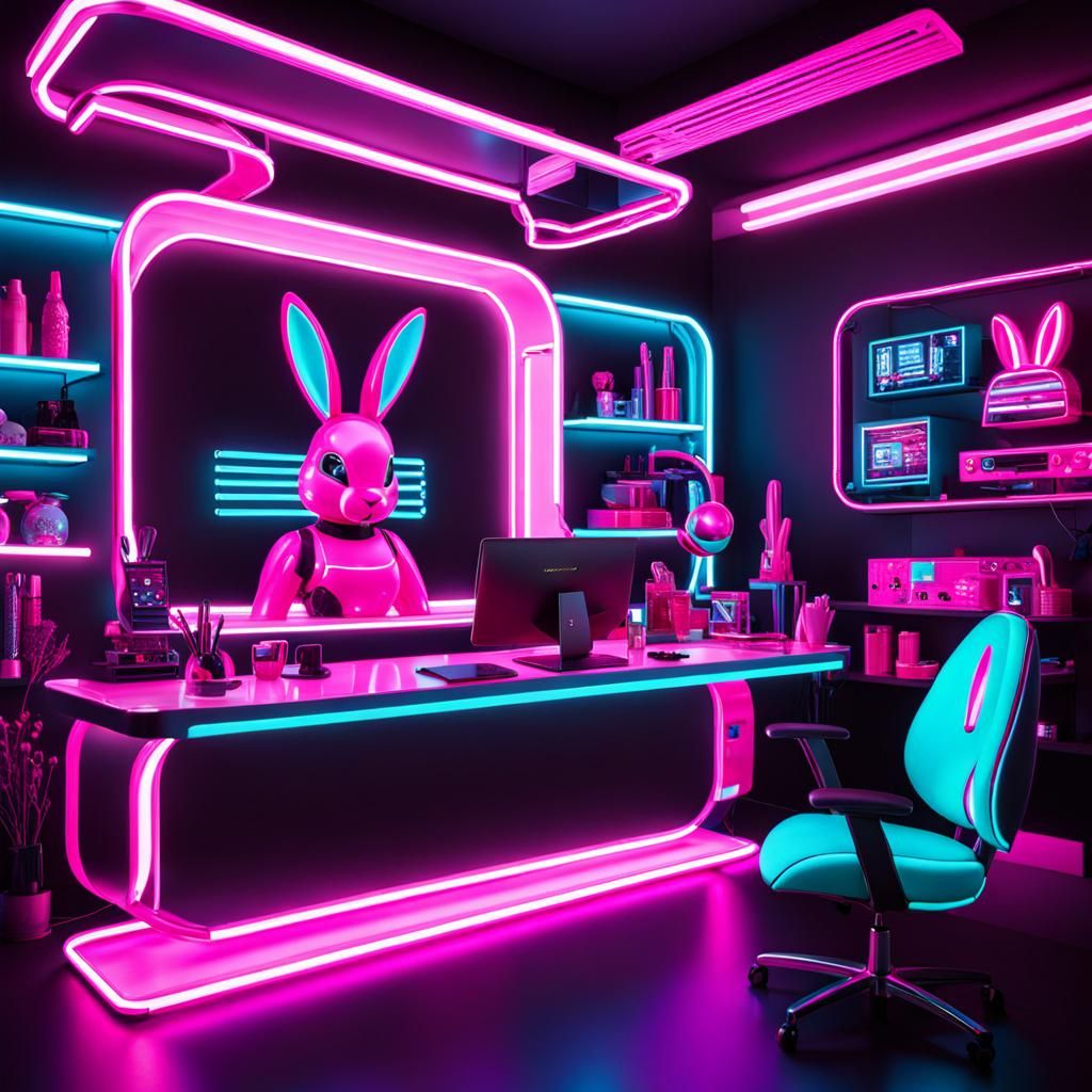 Cyber Bunny Bot Home in Neon Pink Style