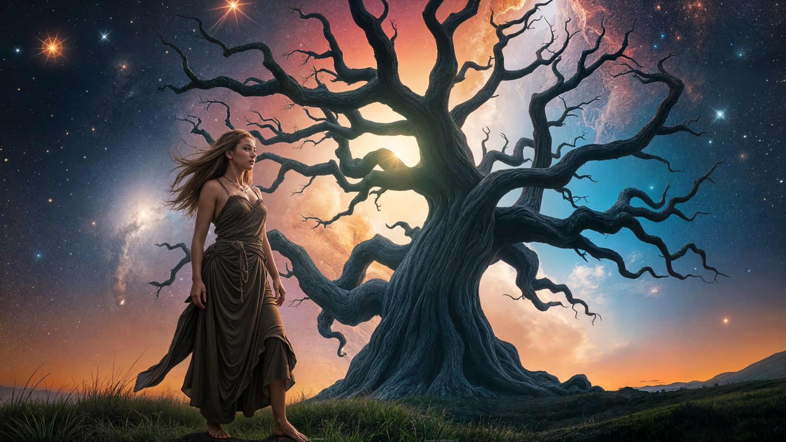 Cosmic Druid and Ancient Tree Silhouette