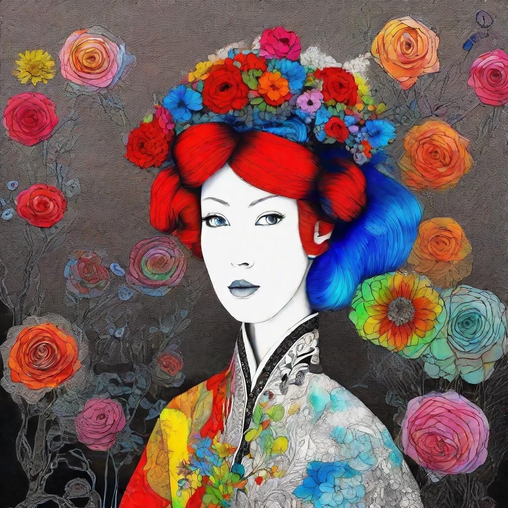 Girl in Hanbok Dress with Surreal Crayon Drawing Style