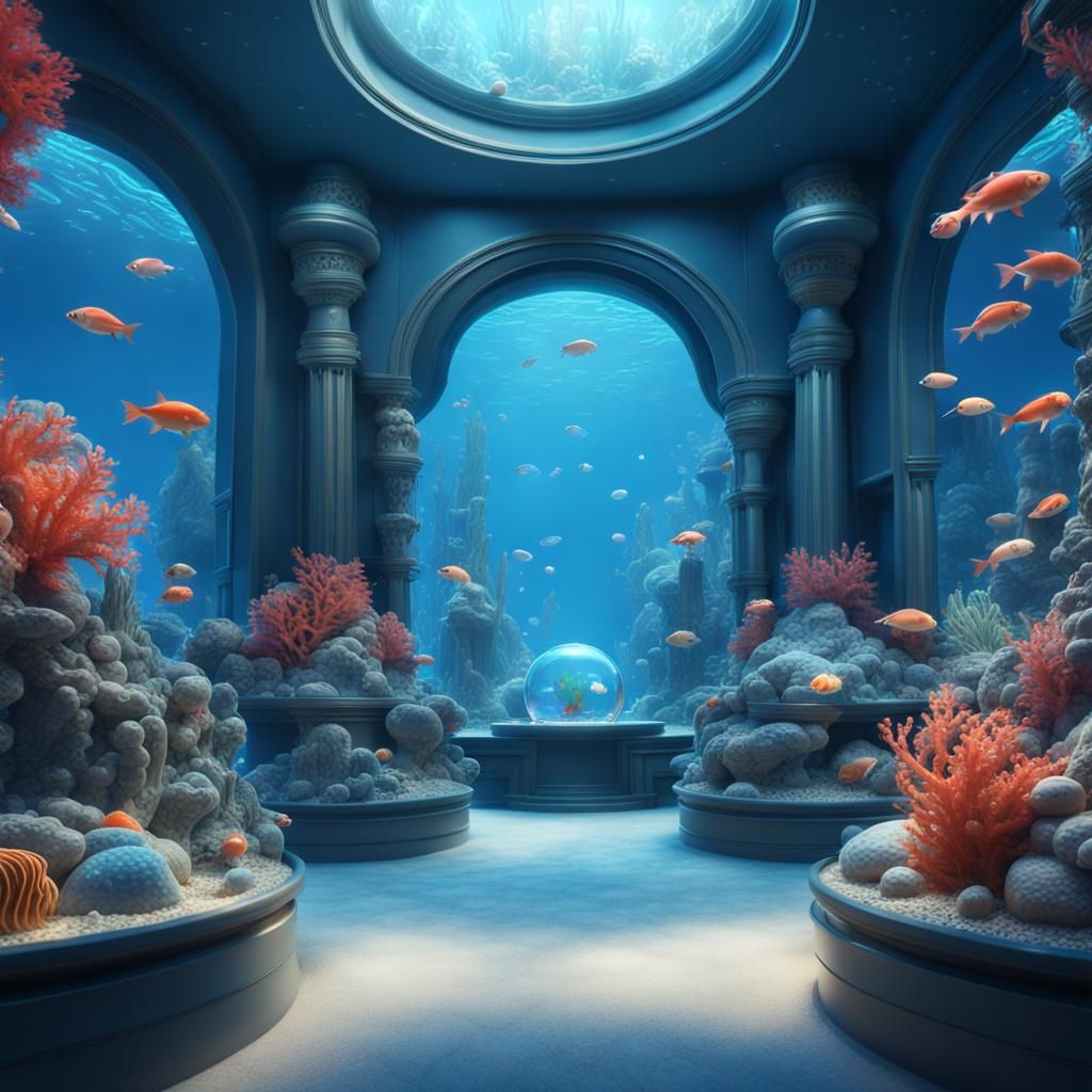 Futuristic Aquarium with Coral and Glowing Pearl