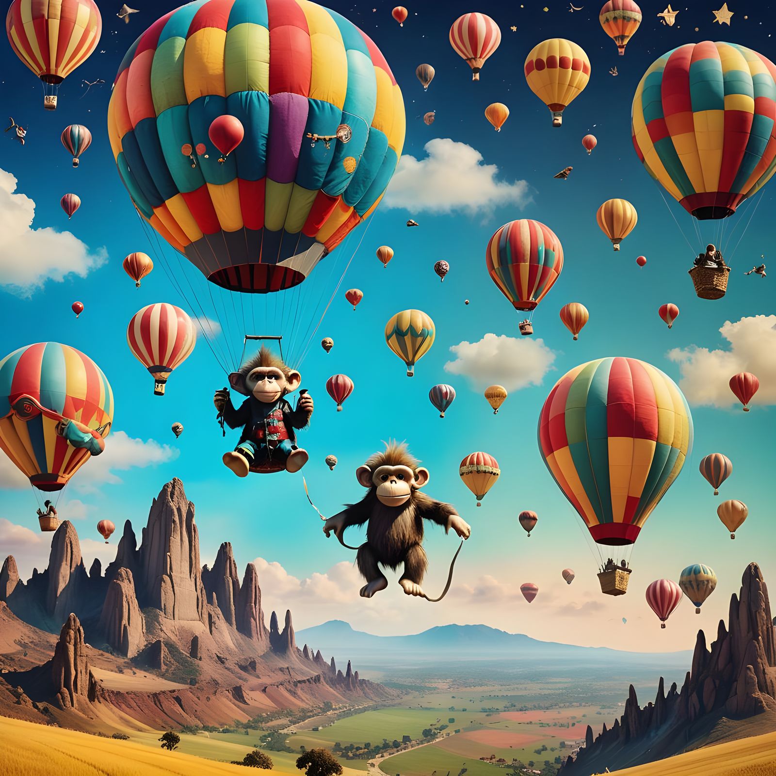 Surreal Skydiving Scene with Balloons and Monkeys