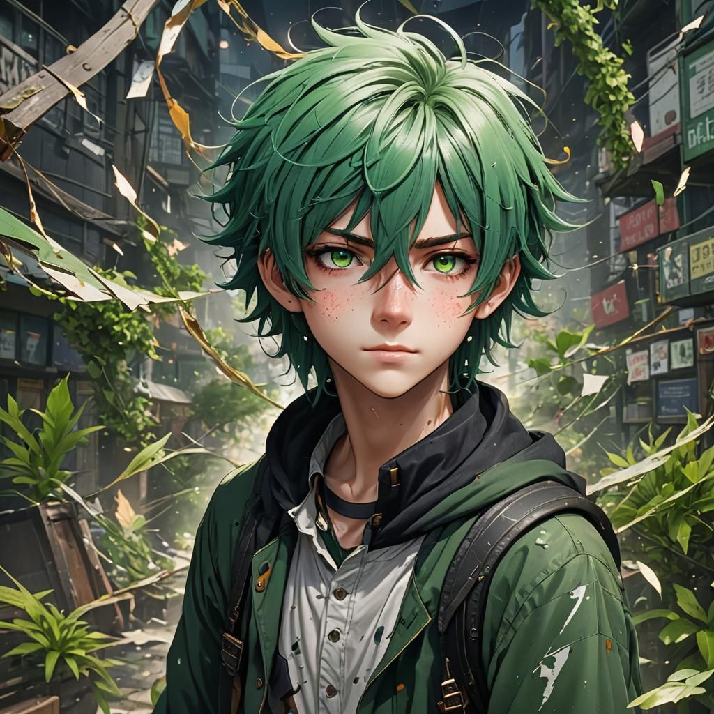 Anime Boy with Green Hair, Detailed Digital Art