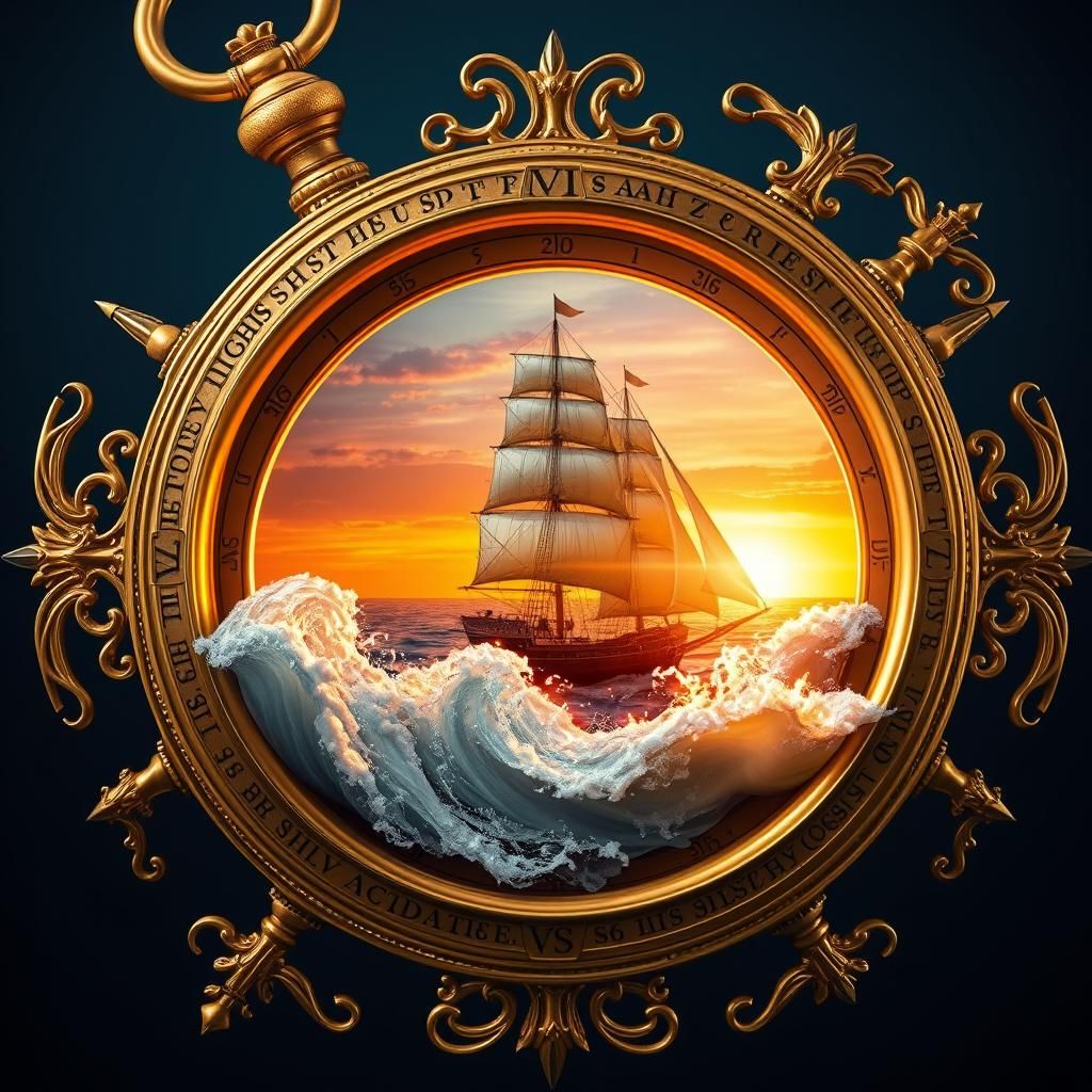 Golden Compass Reveals Ghost Ship at Sunset
