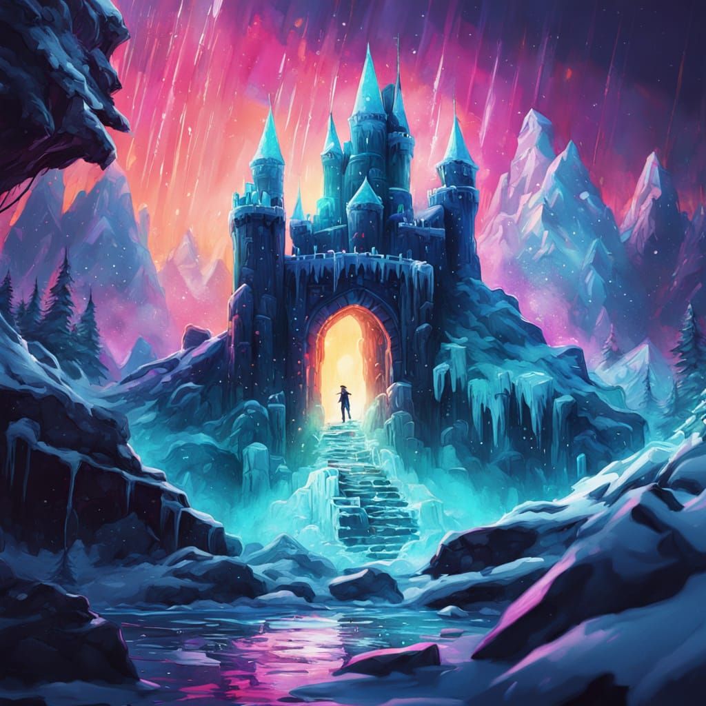 Detailed Ice Castle on Floating Iceberg in Snowstorm