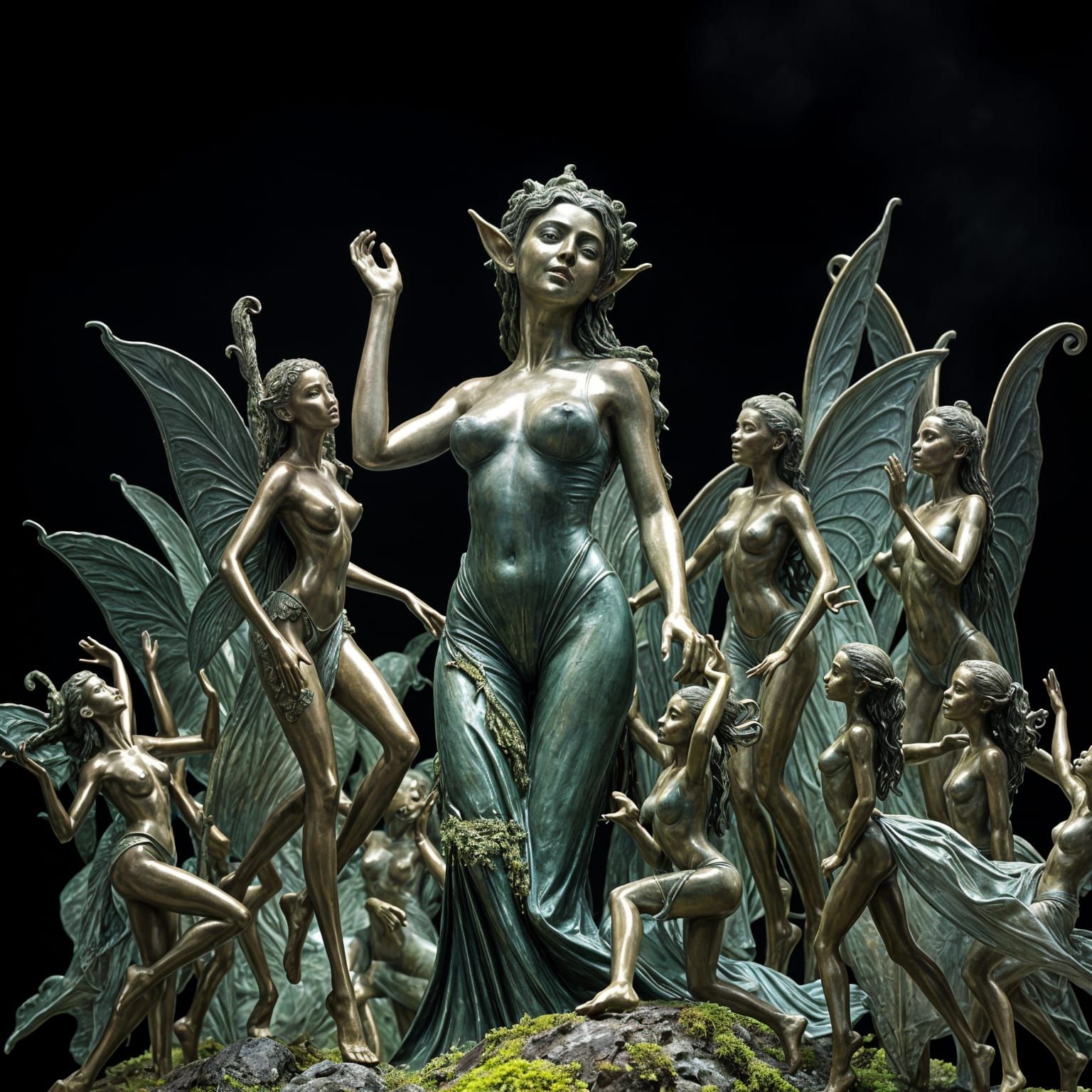 Ethereal Elves Dance Around a Serene Bronze Statue