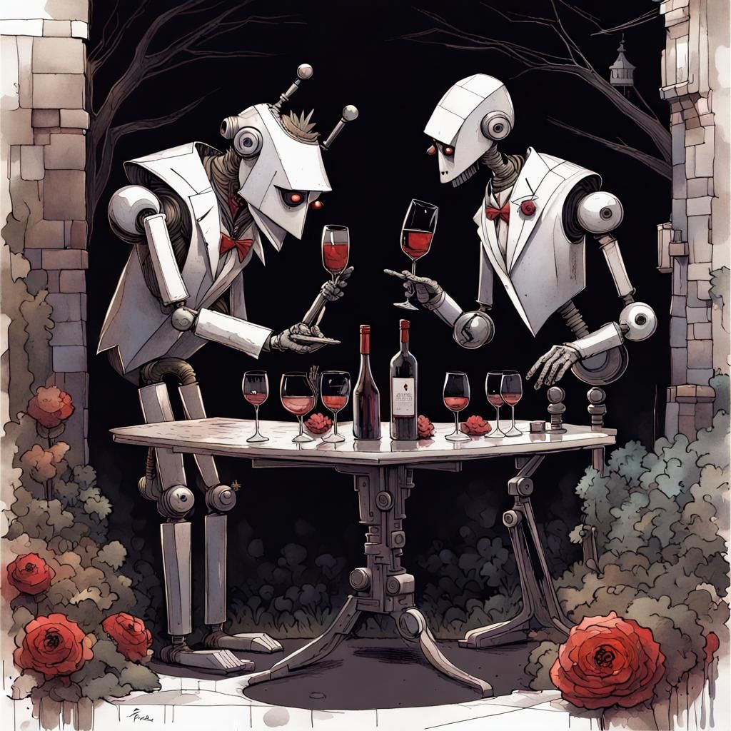 Robot Butler Serves Vampire Master: Dark Fantasy Art