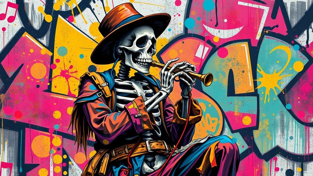 Vibrant Skeleton Harmonica Player in Dynamic Graffiti Art