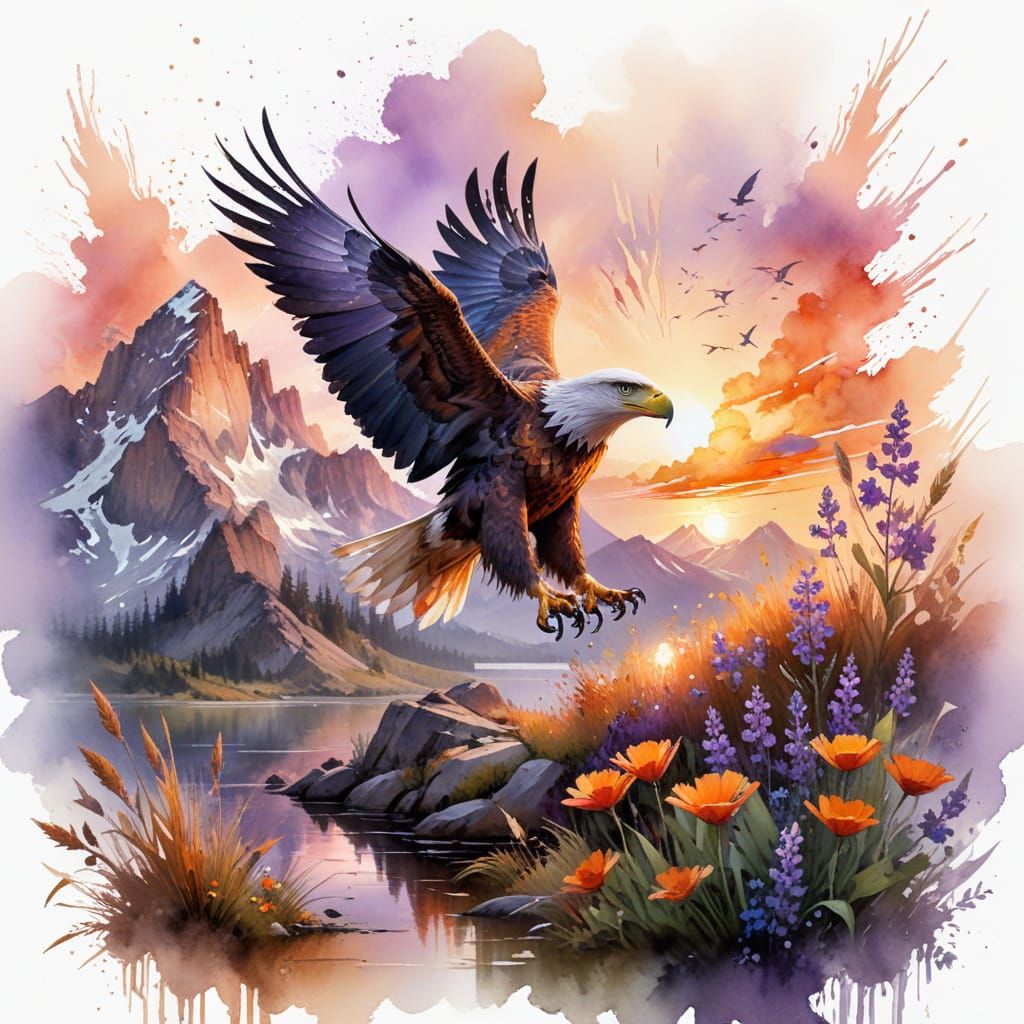 Majestic Mountain Lake Sunset Reflection with Soaring Eagle