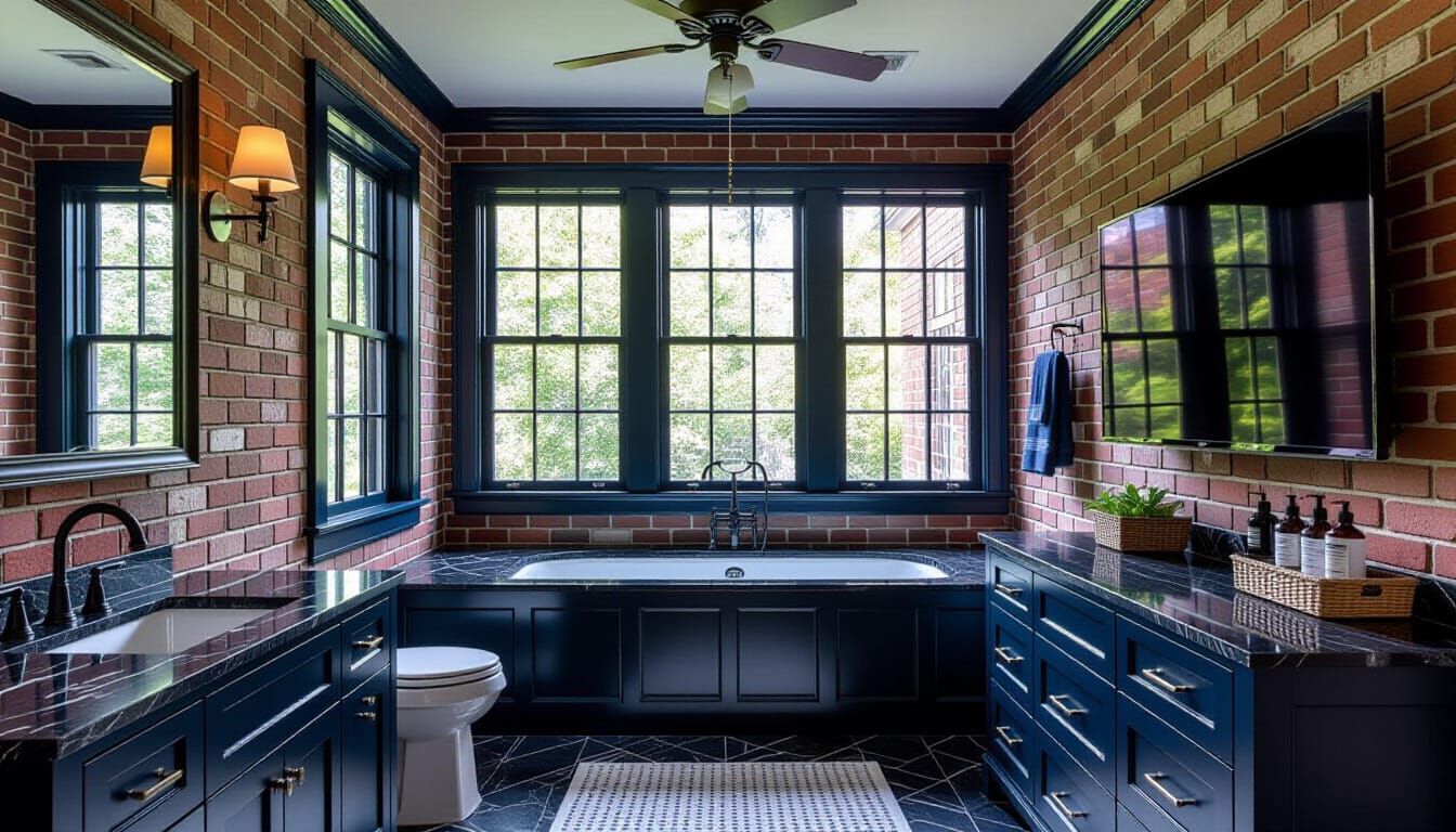 Victorian Dark Blue and Brick Bathroom Design