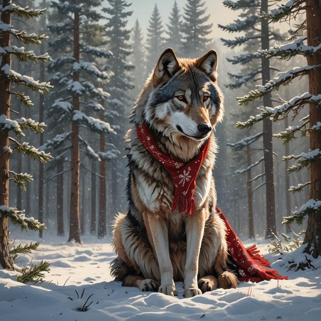Timber Wolf in Snowy Landscape, Acrylic Painting