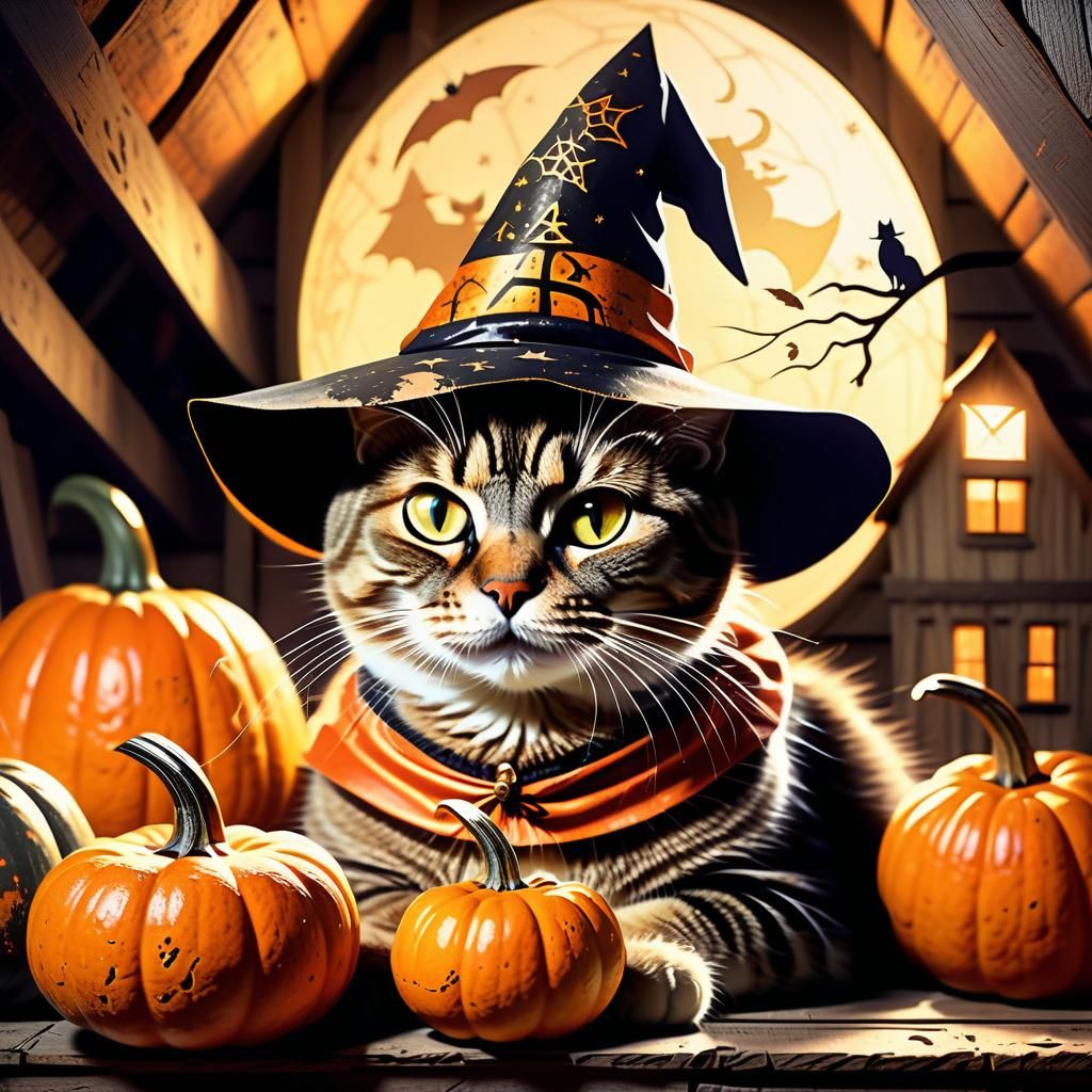 Whimsical Cat Witch in Dimly Lit Attic