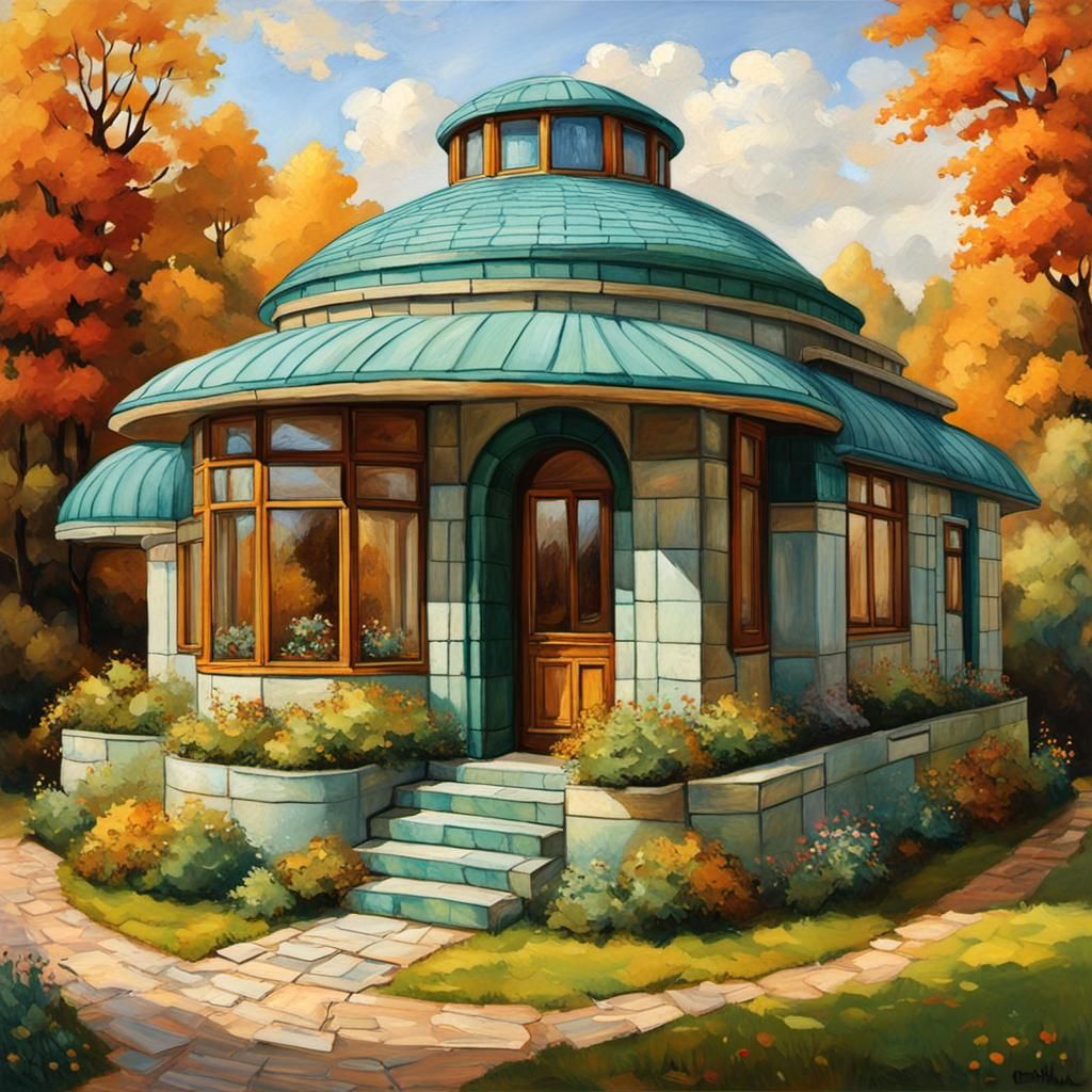 Organic Art Deco House in Oil Painting Style