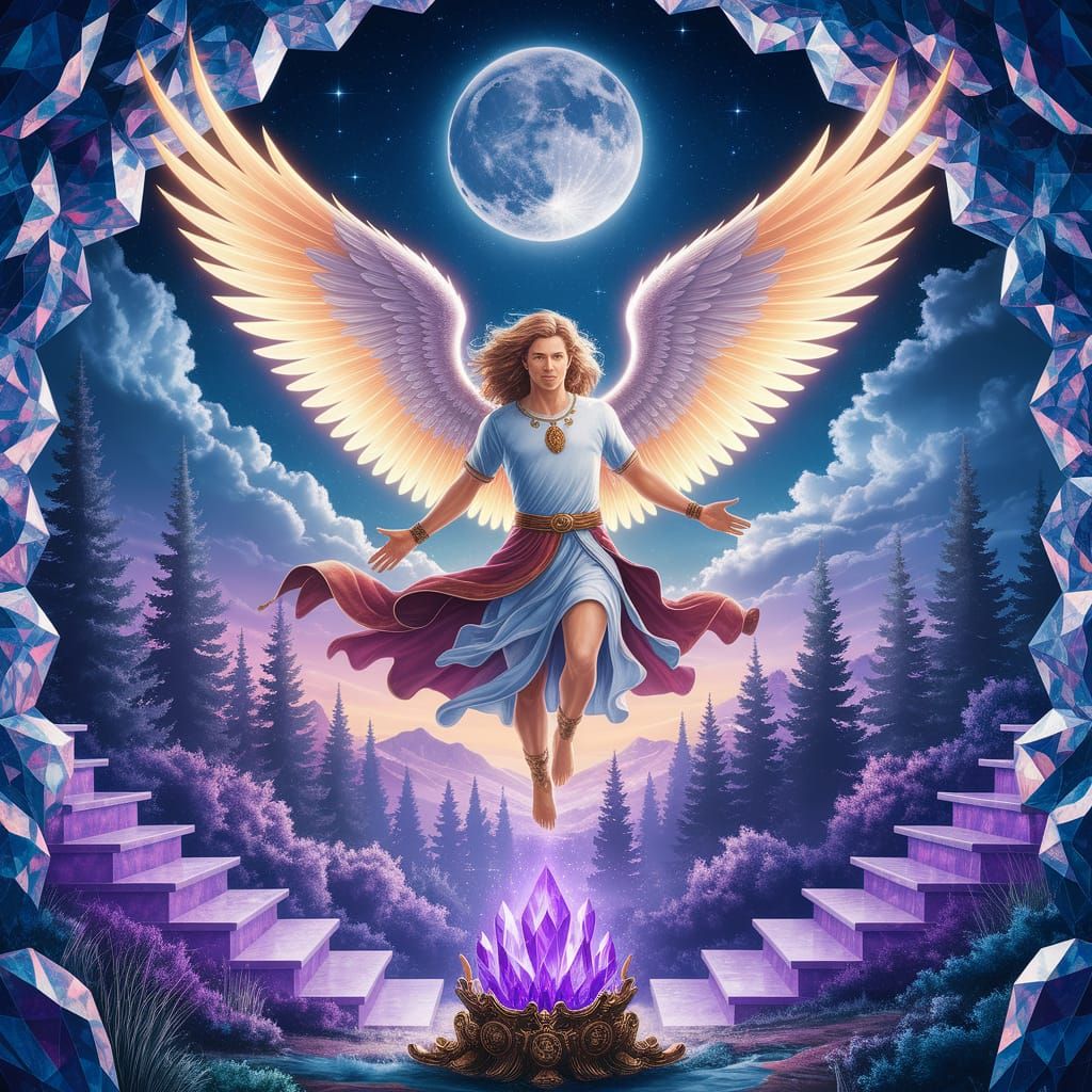 Archangel Michael Descending in Radiant Light Amidst Mystica...