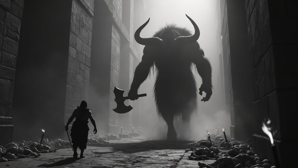 Theseus Battles Colossal Minotaur in Horror Cinematic Scene