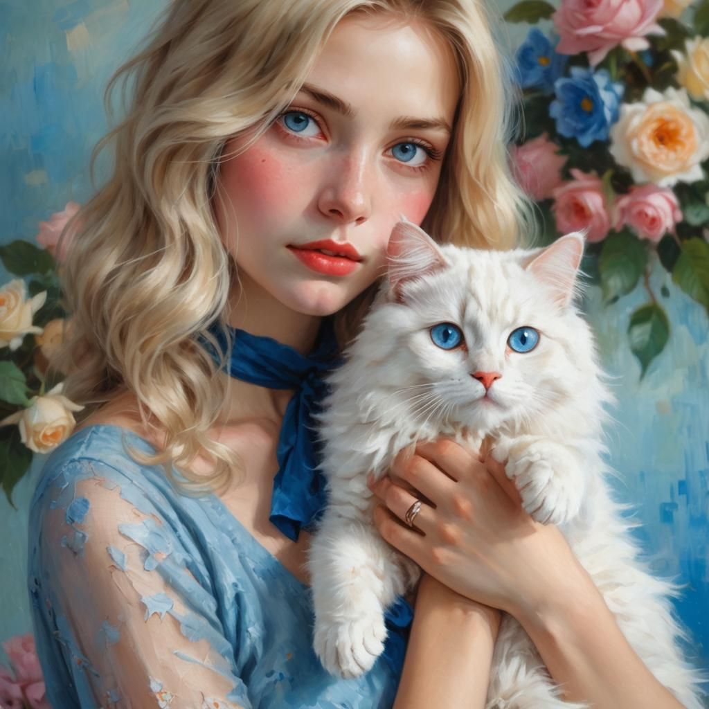 Blond Woman and White Cat in Oil Painting Style