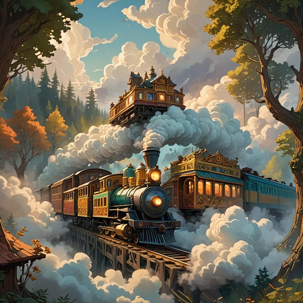 Train Through Clouds with Animals, Art Nouveau Style