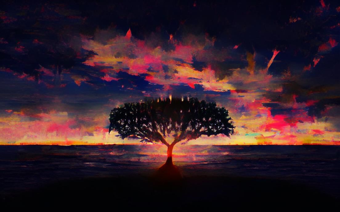 Dramatic Black Tree Against Sunset with Sparkles