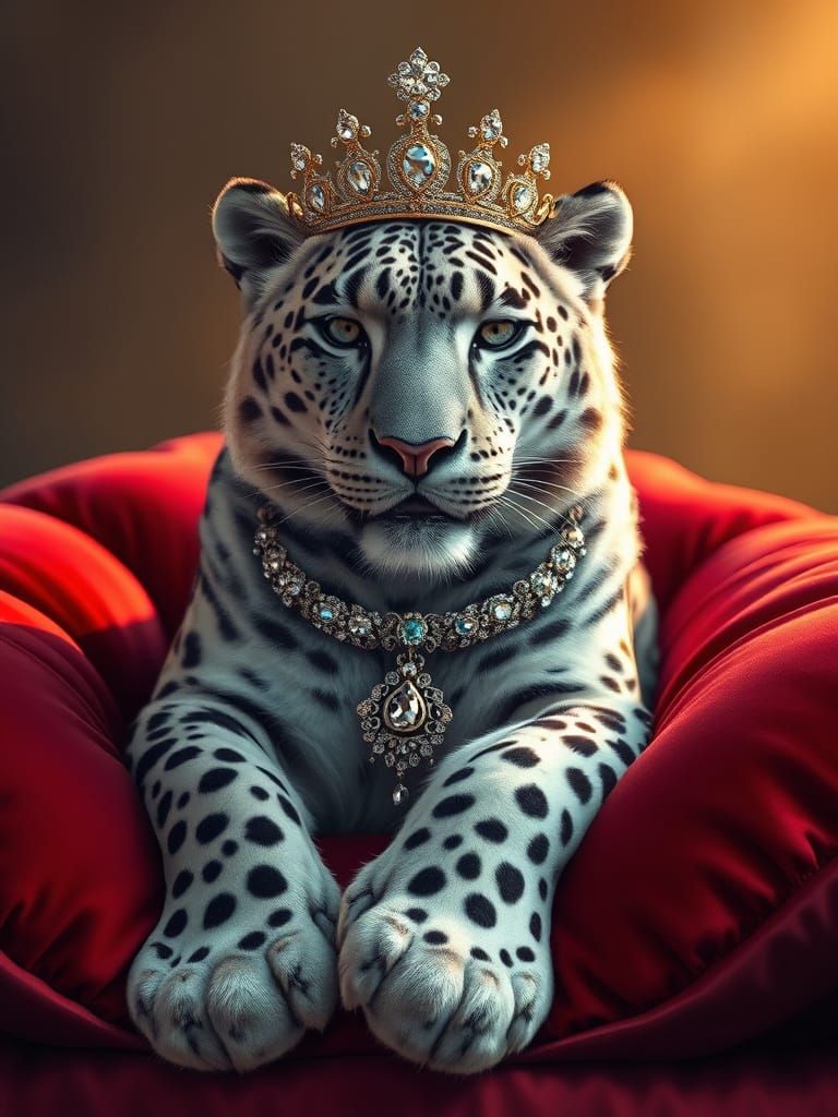 Regal Snow Leopard Adorned with Luxury Tiara