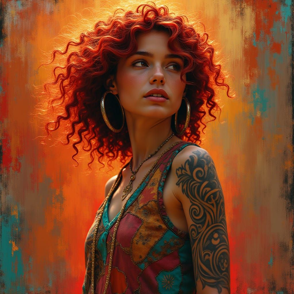 Dreamy Woman with Cranberry Hair and Patchwork Top