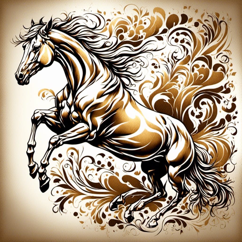 Golden Horse Sketch with Intricate Details