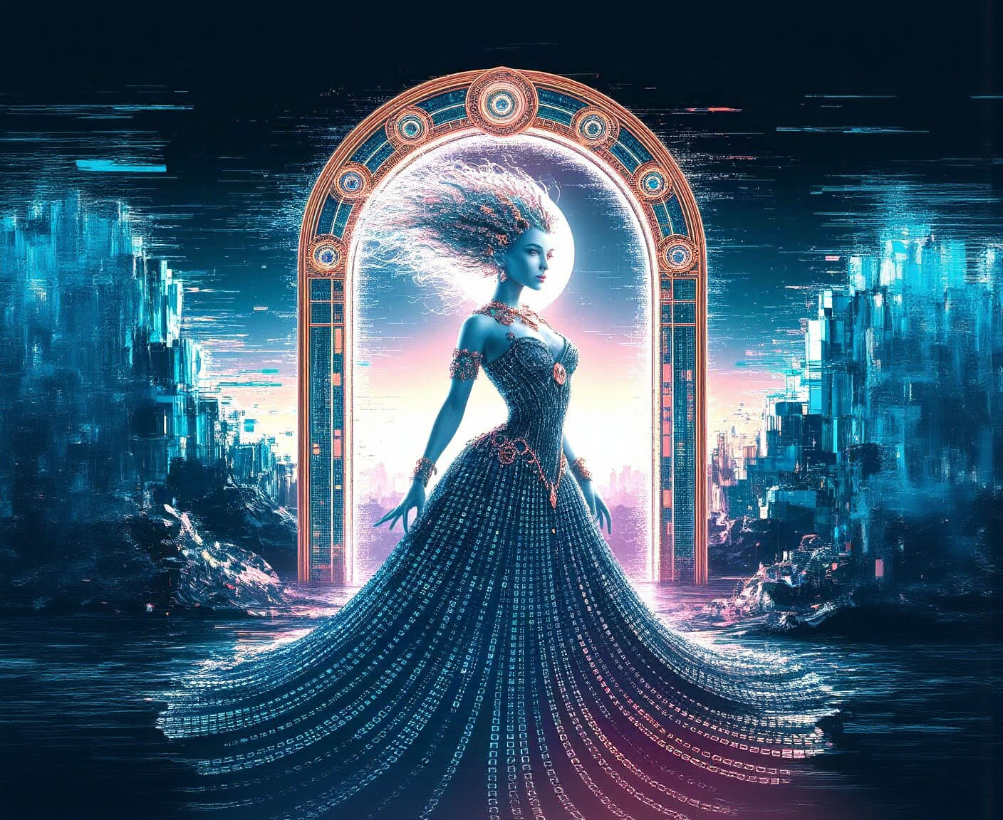 Digital Enchantress in Binary Gown Before Glitched Portal