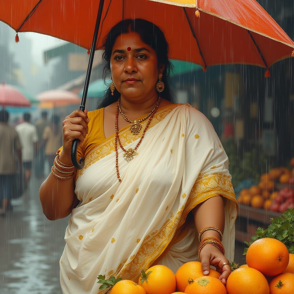 Indian Folk Art Portrait of a Joyful Auntie in Rainy Market