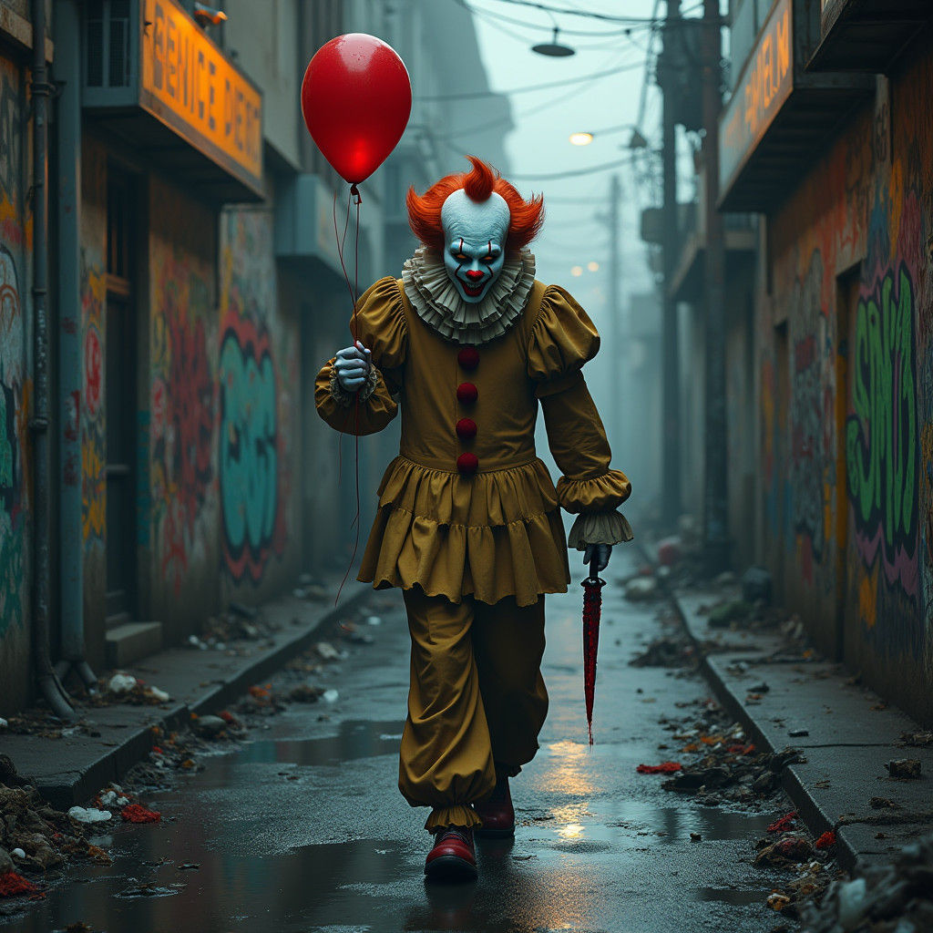 Menacing Clown with Balloon and Knife