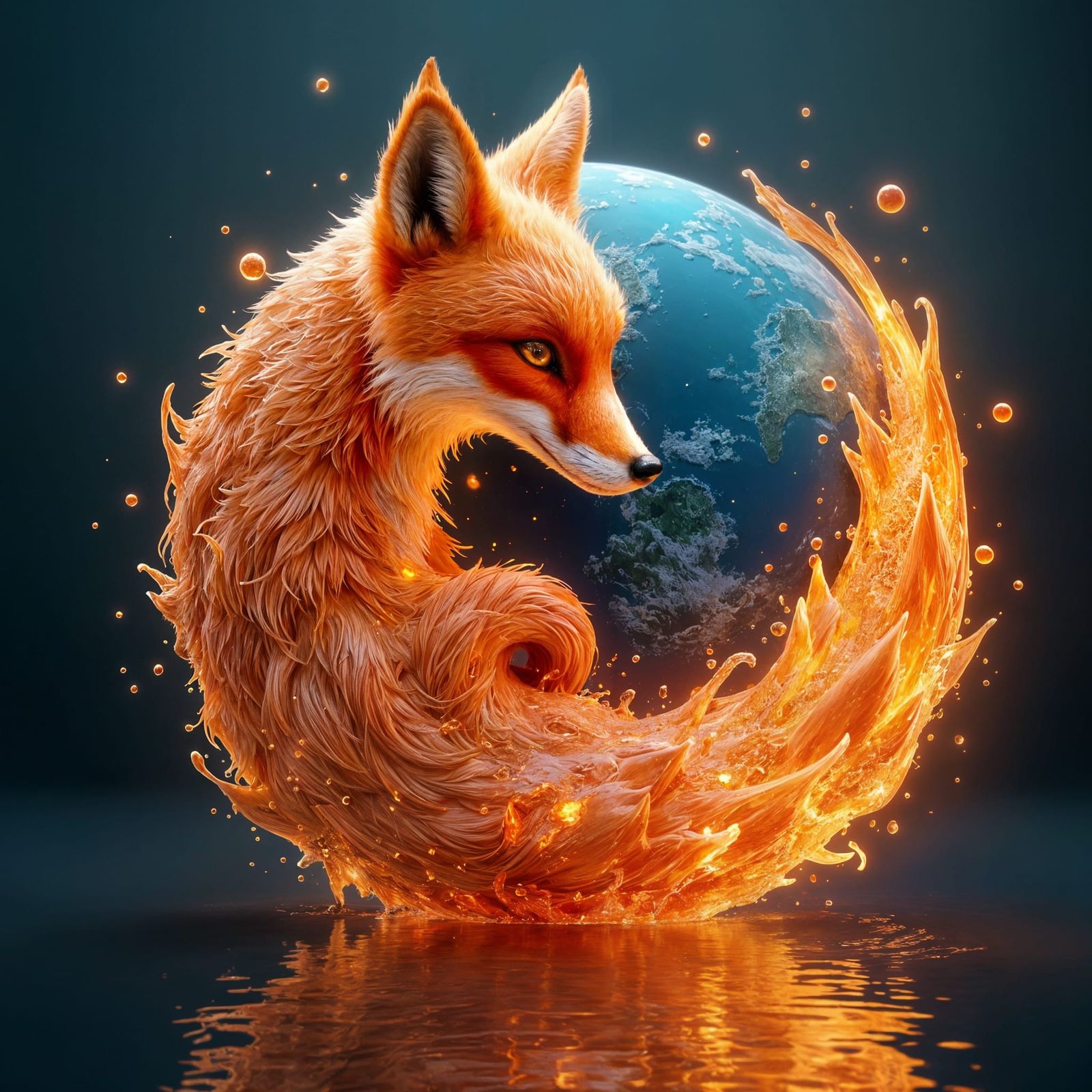 Fiery Water Fox Protecting Earth: Fantasy Art
