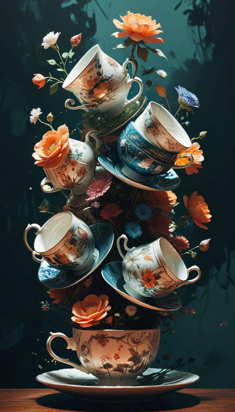 Whimsical Teacup Tower in Vibrant Anime Style
