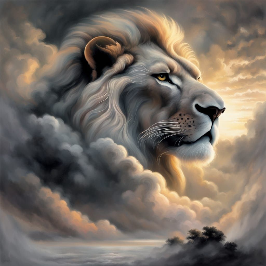 Ethereal Lion's Face Rises from Stormy Skies in Muted Grey a...