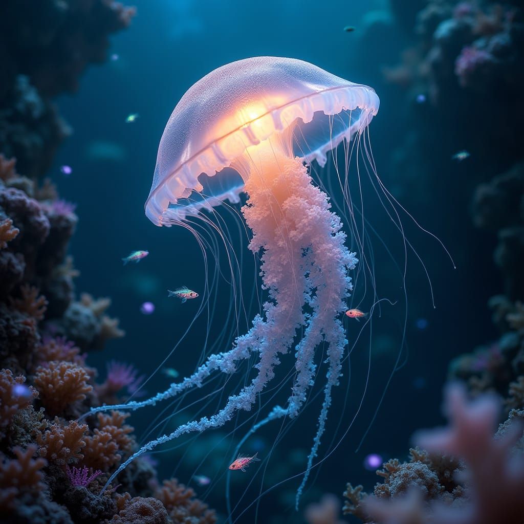 Glowing Jellyfish in Alien Coral Reef, Dark Fantasy Art