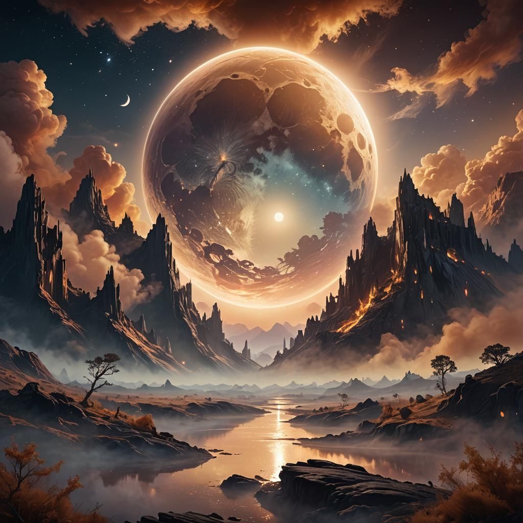 Mystical Moon in Dreamlike Landscape: Digital Matte Painting