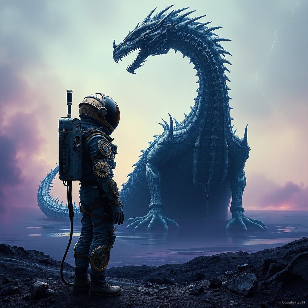 Astronaut and Biomechanical Dragon on Alien Planet