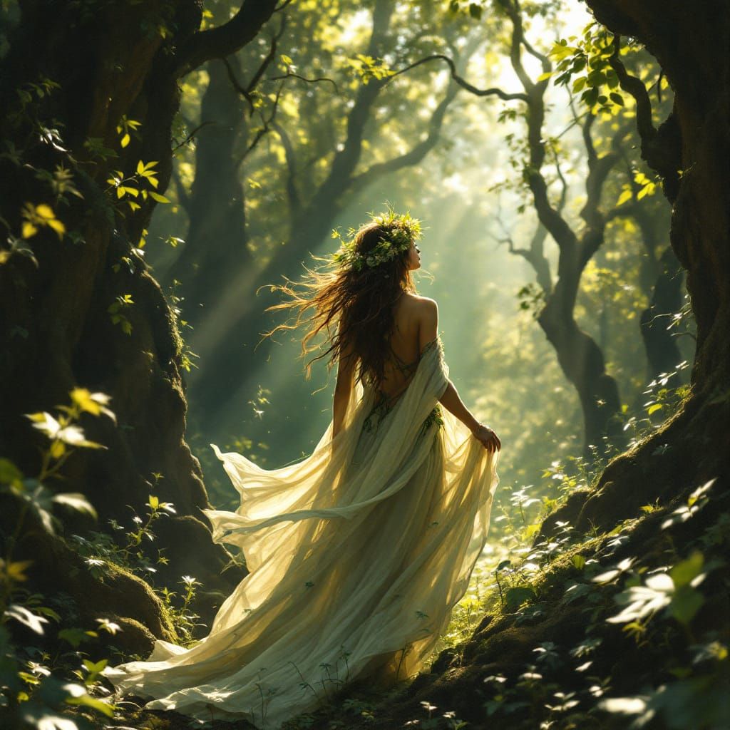 Druid Woman in Sun-Dappled Forest, Natural Harmony