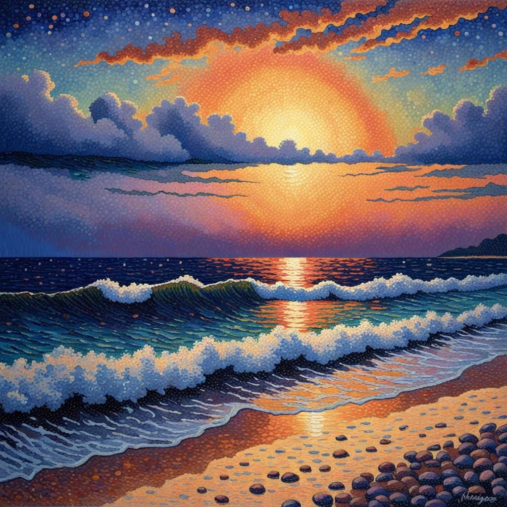 pointillism acrylic of a beautiful sunset on the ocean shore...