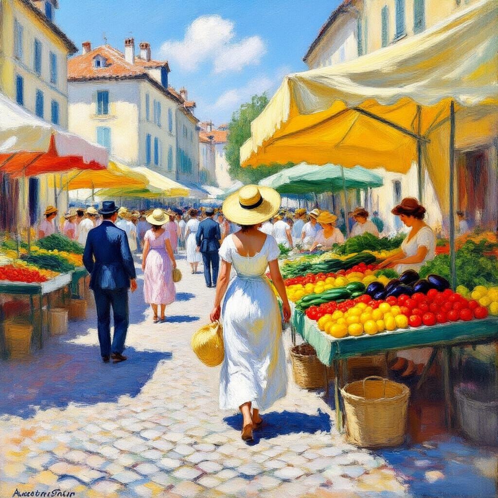 Impressionistic Marketplace Scene in Renoir Style