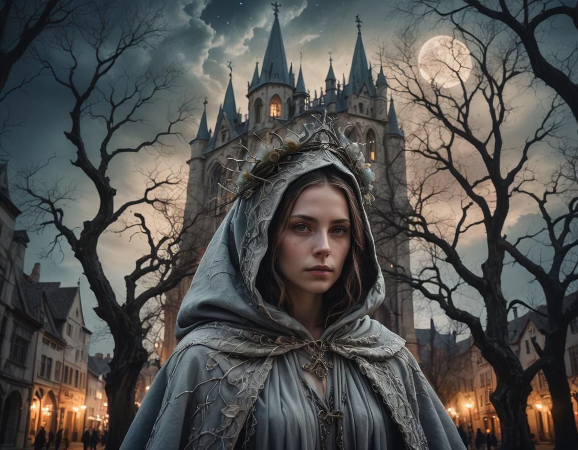 Mystical Woman in Medieval Town Square