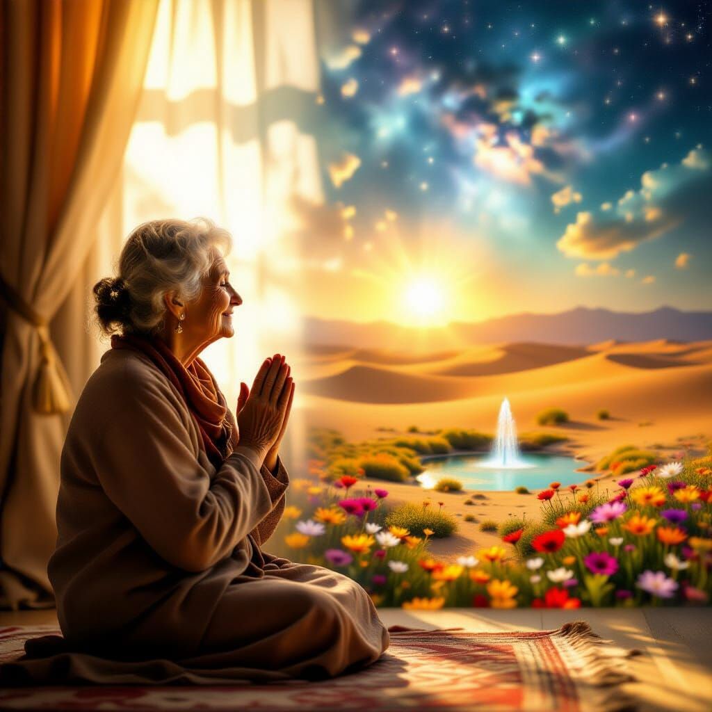 Elderly Woman Prays in Cosmic Light, Desert Blooms Miraculou...