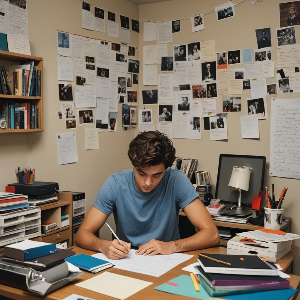 College Student Writes Letter in Tidy Room