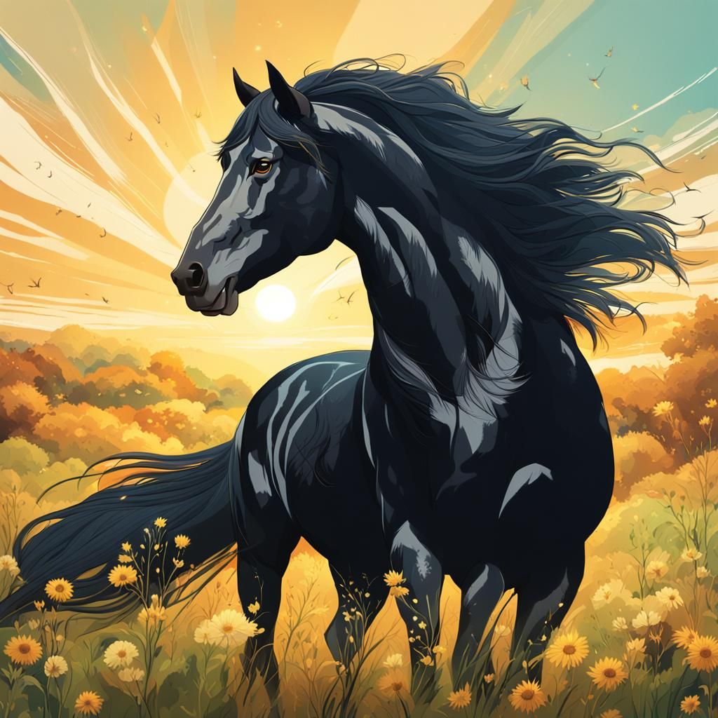 Majestic Black Stallion in Meadow: Fantasy Concept Art