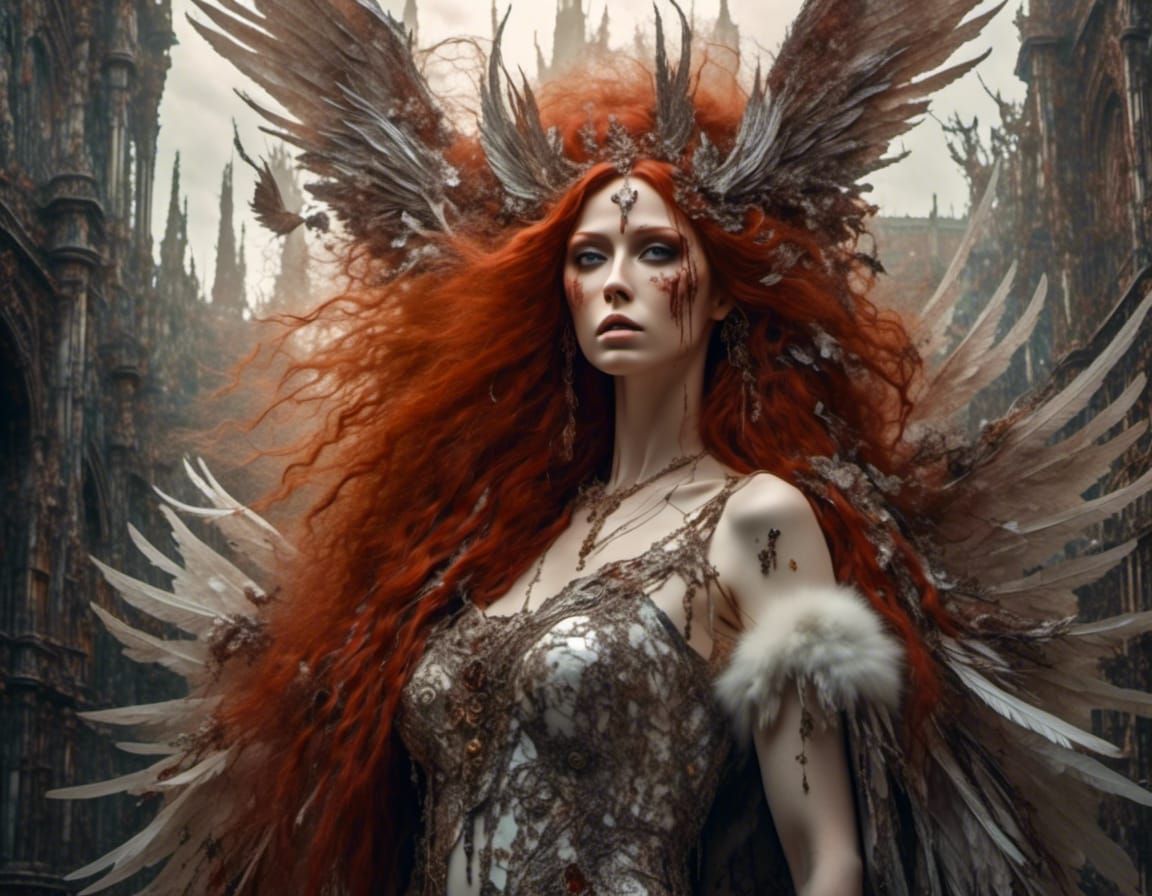 <lora:Elegant Darkology:1.0> beautiful romantic demon woman, long wavy soft red hair, silver eyes, covered in fur, epic ...