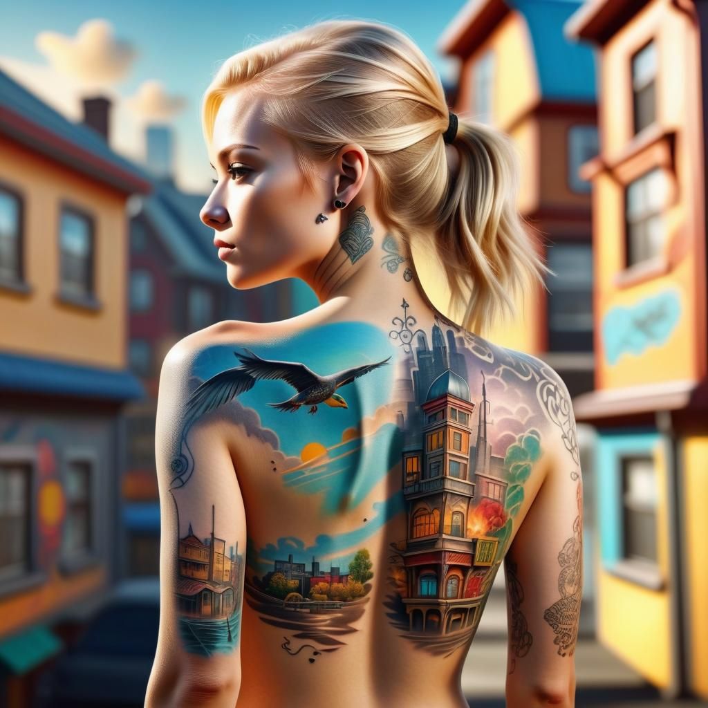 Detailed Urban Tattoo on Woman's Back