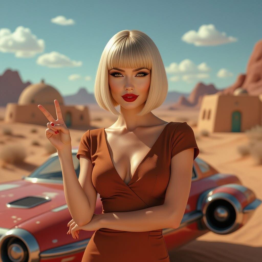 Woman Winks in Desert with Retro Spaceship, Cinematic Sunset
