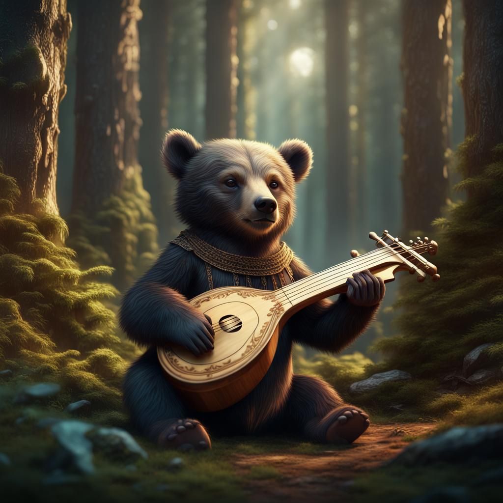 Bear Cub Plays Lyre in Fantasy Forest Art
